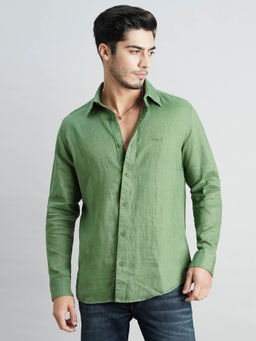 ROOKIES - Men Green Full Sleeves Slim Fit Lenin Shirt