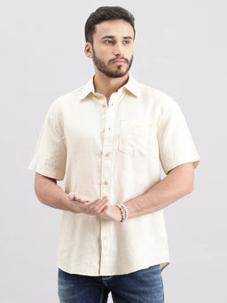 ROOKIES - Men Beige Half Sleeves Slim Fit Lenin Shirt