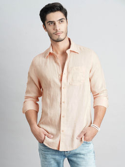 ROOKIES - Men Peach Full Sleeves Slim Fit Lenin Shirt