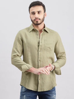 ROOKIES - Men Khaki Full Sleeves Slim Fit Lenin Shirt