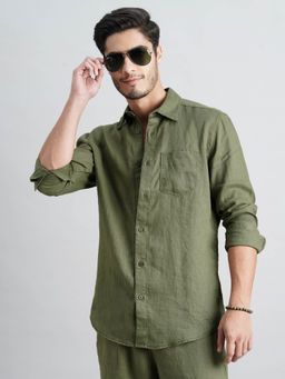 ROOKIES - Men Olive Full Sleeves Slim Fit Lenin Shirt