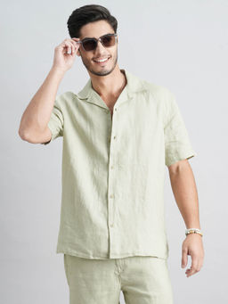 ROOKIES - Men Green Half Sleeves Slim Fit Lenin Solid Shirt