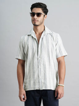 ROOKIES - Men White Half Sleeves Slim Fit Cotton Blended Stripes Shirt