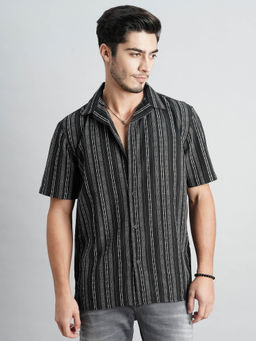 ROOKIES - Men Black Half Sleeves Slim Fit Cotton Blended Stripes Shirt