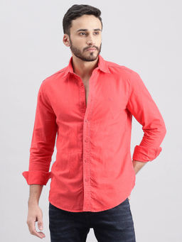 ROOKIES - Men Coral Full Sleeves Slim Fit Lenin Cotton Solid Shirt