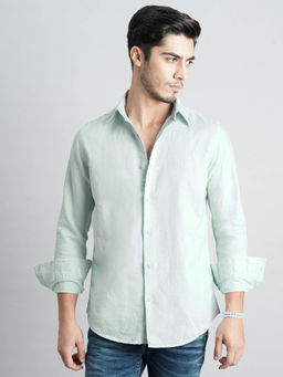 ROOKIES - Men Blue Full Sleeves Slim Fit Lenin Cotton Solid Shirt