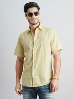 ROOKIES - Men Khaki Half Sleeves Slim Fit Lenin Cotton Solid Shirt