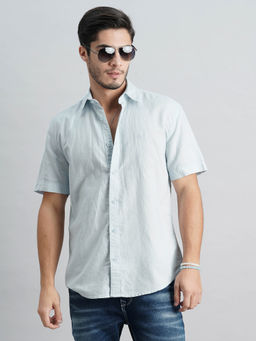 ROOKIES - Men Blue Half Sleeves Slim Fit Lenin Cotton Solid Shirt