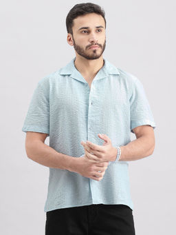 ROOKIES - Men Blue Half Sleeves Slim Fit Cotton Blend Textured Shirt