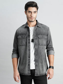 ROOKIES - Men Grey Full Sleeves Slim Fit Cotton Denim Shirt