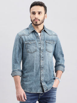 ROOKIES - Men Blue Full Sleeves Slim Fit Cotton Denim Shirt