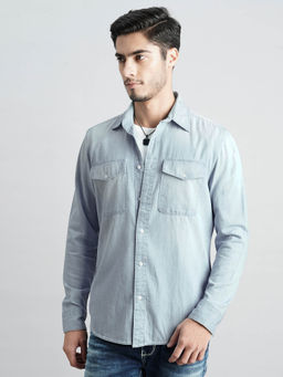 ROOKIES - Men Blue Full Sleeves Slim Fit Cotton Denim Shirt