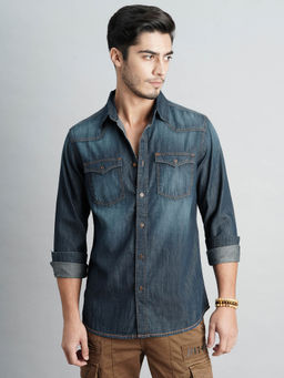 ROOKIES - Men Navy Blue Full Sleeves Fit Cotton Denim Shirt