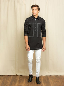 Echke - Black Short Kurta with White Contrast Stitching