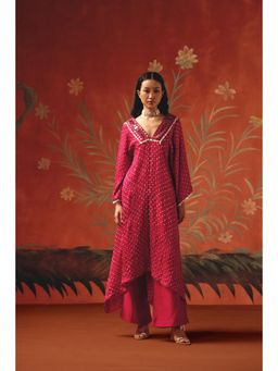 Twenty Nine - Pink Gajji Bandhani V Neck Asym Kurta With Mirrorwork