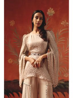 Twenty Nine - Nude Gajji Peplum Flared Sleeves Top With Mirrorwork