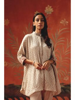 Twenty Nine - Beige Gajji Oversize Shirt Style Top With Mirrorwork