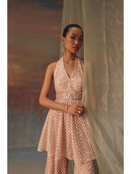 Twenty Nine - Pink Short Halter Neck Peplum Top With Mirrorwork Highlighting On The Waist