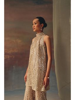 Twenty Nine - Beige High Neck Top With Mirrorwork