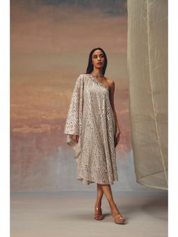 Twenty Nine - Grey One Shoulder Dress With Mirrorwork And Beadwork On Shoulder