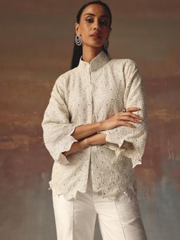 Twenty Nine - Ivory High Neck Scallop Jacket With Mirrorwork