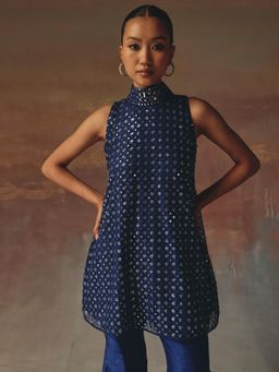 Twenty Nine - Blue High Neck Top With Mirror Work And Beadwork