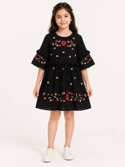 Scoup - Black Embroidered Cotton Dress with Flared Sleeves