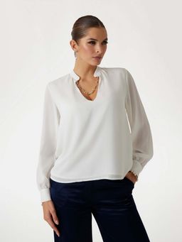Guess - Women White Solid Mandarin Collar Long Sleeves Top