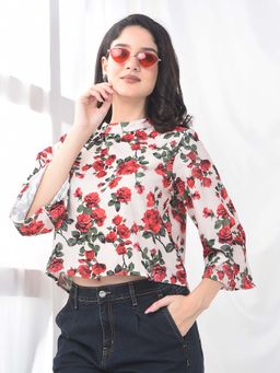 CRIMSOUNE CLUB - Women's Off White Floral Print Cropped Top