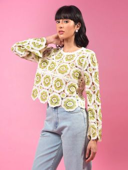 CRIMSOUNE CLUB - Women's Green Embroidered Crochet Top