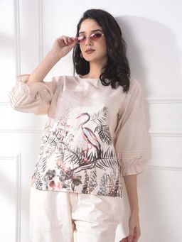 CRIMSOUNE CLUB - Women's Peach Floral Print Linen Top