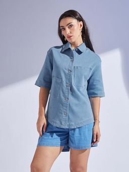 Miss Chase - Womens Light Blue Shirt Collar Denim Shirt