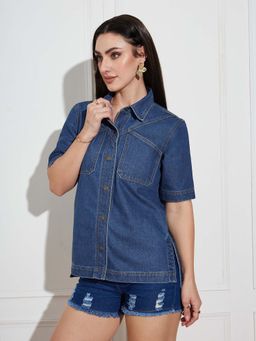 Miss Chase - Women's Navy Blue Boxy Denim Shirt