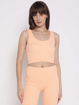 Guess - Women Orange Solid Scoop Neck Sleeveless Crop Top