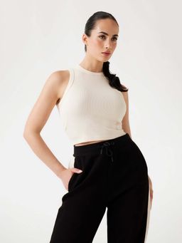 Guess - Women Cream Ribbed Sleeveless Knitted Crop Top