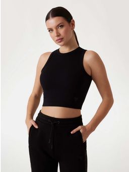 Guess - Women Black Ribbed Sleeveless Knitted Crop Top