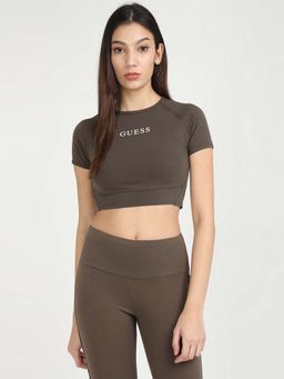 Guess - Women Brown Solid Short Sleeves Crop Top