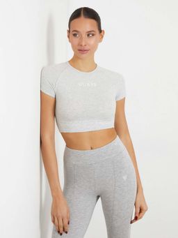 Guess - Grey Cotton Blend Solid Round Neck Tops