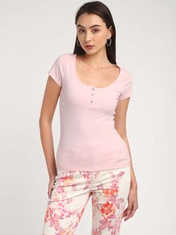 Guess - Women's Pink Viscose Ribbed Regular Fit Top
