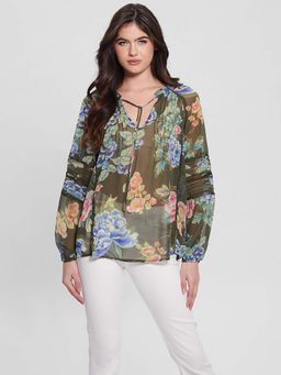 Guess - Women's Olive Polyester Floral Comfort Fit Top