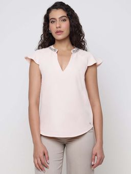 Guess - Mattea Calm Pink V-Neck Regular Fit Embellishment Top