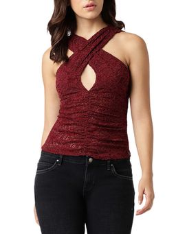 Guess - Women Maroon Self Design V-Neck Sleeveless Top