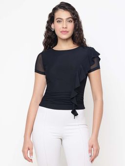 Guess - Verdiana Slinky Mesh Jet Black Solid Asymmetrical Ruffle Top
