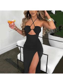 MISS MOSA BY AKANKSHA - Luther Strappy Midi Slit Dress In Black