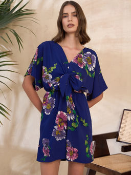KASSUALLY - Navy Blue Floral Printed Front Knot Playsuit