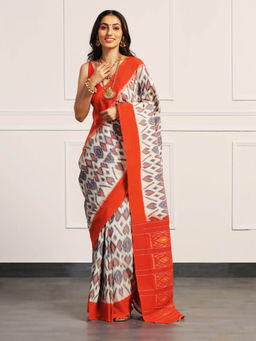 Aditri - Orange Handloom Ikat On Gas Saree with Unstitched Blouse