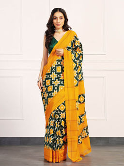 Aditri - Yellow Handloom Double Ikat Telia Rumal Saree with Unstitched Blouse