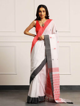 Aditri - White Handloom Khadi Cotton Saree with Unstitched Blouse