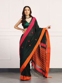 Aditri - Black Handloom Khadi Cotton Saree with Unstitched Blouse