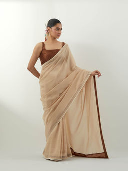 Vinusto - Beige Chanderi Saree with Stitched Blouse